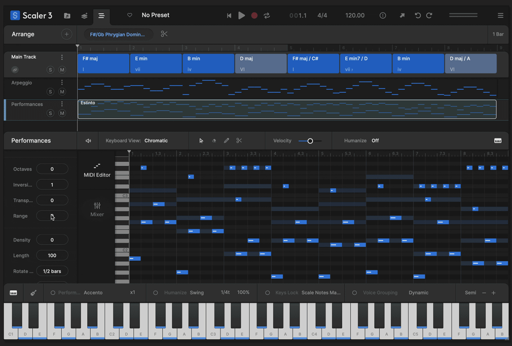 Scaler 3 offers a comprehensive note editing matrix allows users to customize or create new Motions. MIDI lanes can be set to follow or run independently of Chord Tracks, with new Harmonic Modifiers and Motion Controls to adjust note range, density, pitch, and clip rotation – all within the chosen scale.