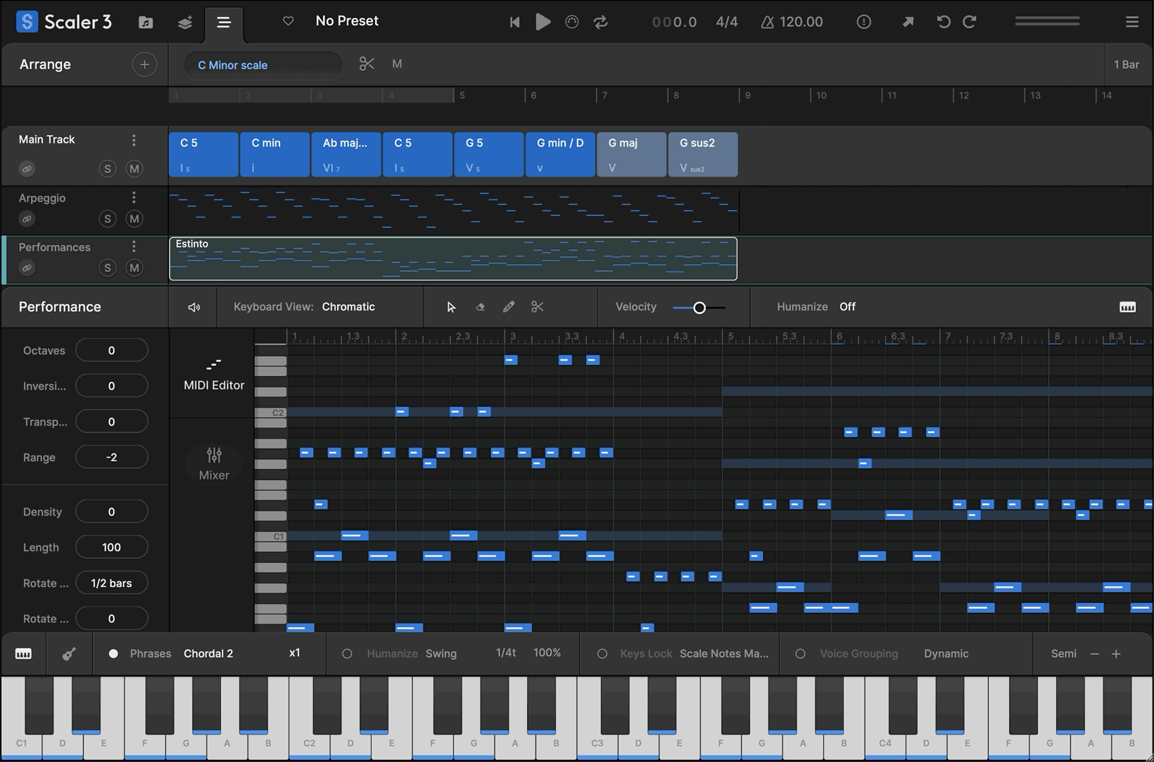 Scaler 3 offers a comprehensive note editing matrix allows users to customize or create new Motions. MIDI lanes can be set to follow or run independently of Chord Tracks, with new Harmonic Modifiers and Motion Controls to adjust note range, density, pitch, and clip rotation – all within the chosen scale.