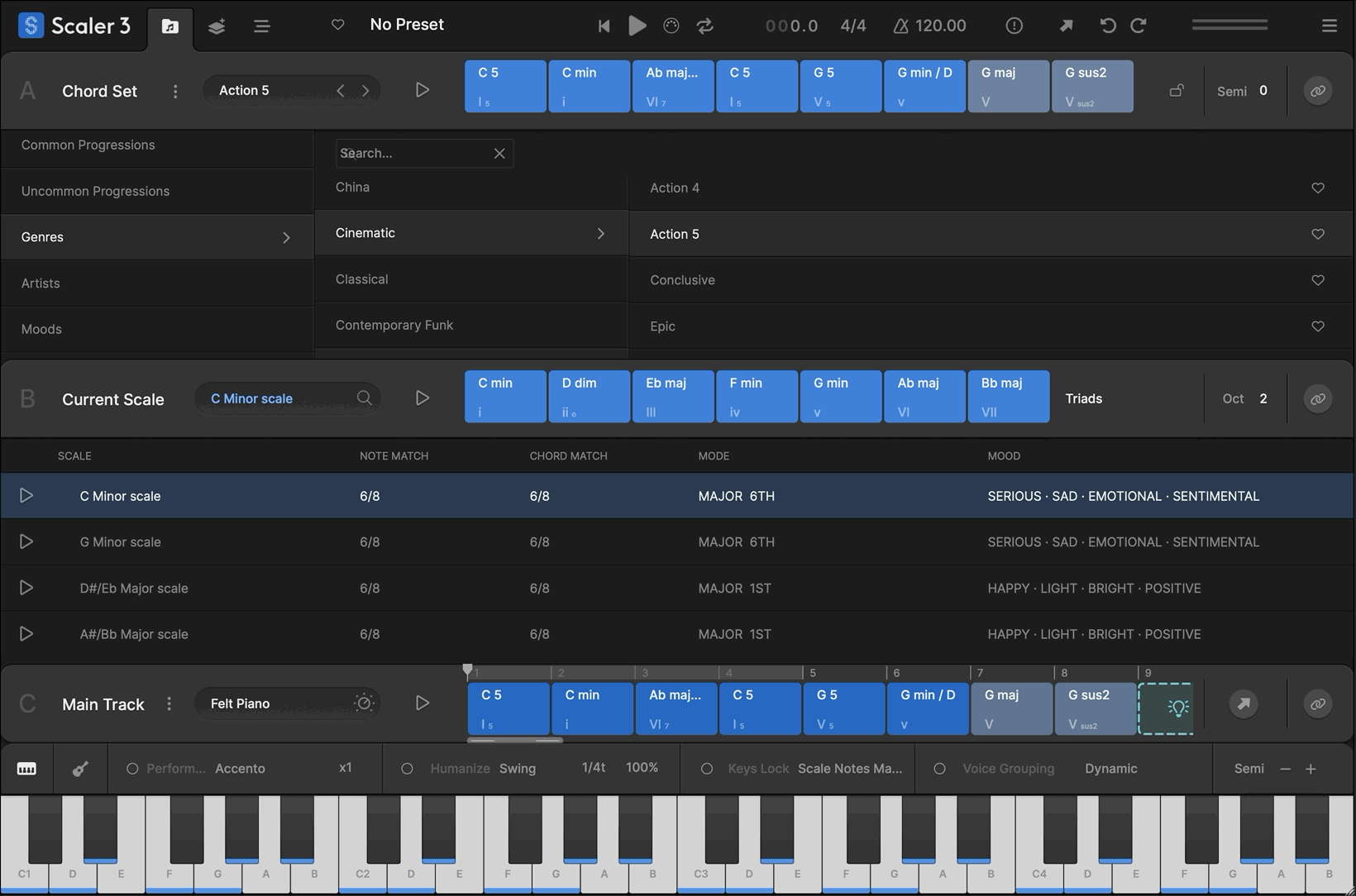 Scaler’s beloved Phrases, Performances, Melodies, and Basslines are reimagined as Motions, now with mood-based tags for easier browsing. Scaler 3 introduces hundreds of new Motions crafted by professional musicians, including the all-new Passages Motion.