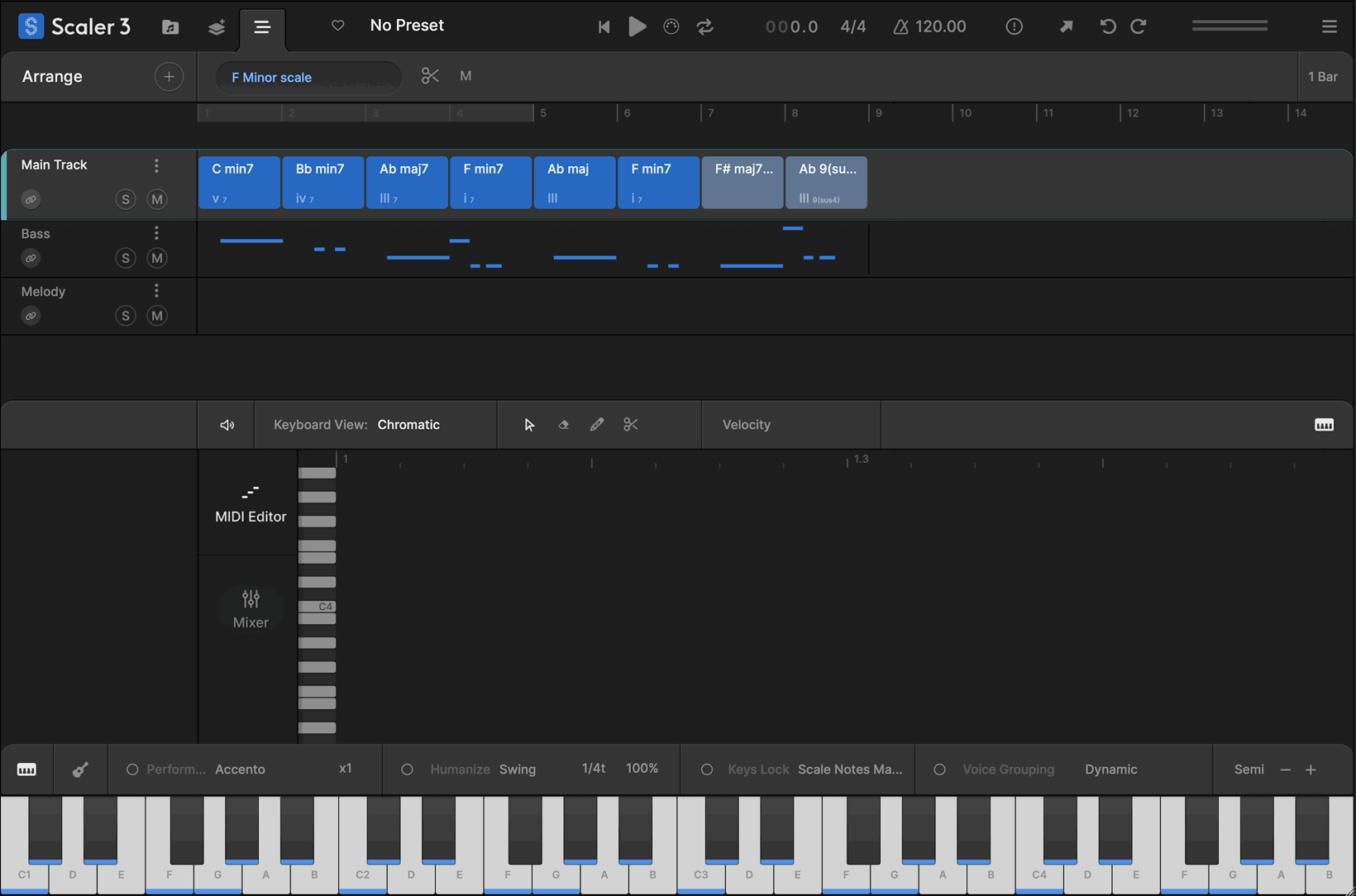 The Arrange page in Scaler 3 now includes a timeline-based layout with dedicated lanes for chords, melody, bass, and phrases. Each lane is synchronized with Scaler 3's main chord track, and clips are fully adjustable with independent control per lane or clip.