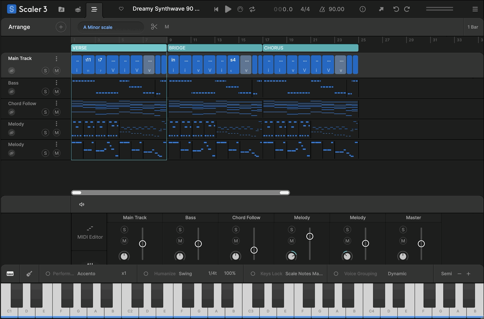 In Scaler 3, create evolving arrangements with Scenes. Build, duplicate, and arrange chord variations or sections to structure full tracks quickly and intuitively. Perform each Scene independently to explore different ideas or arrange full arrangements.