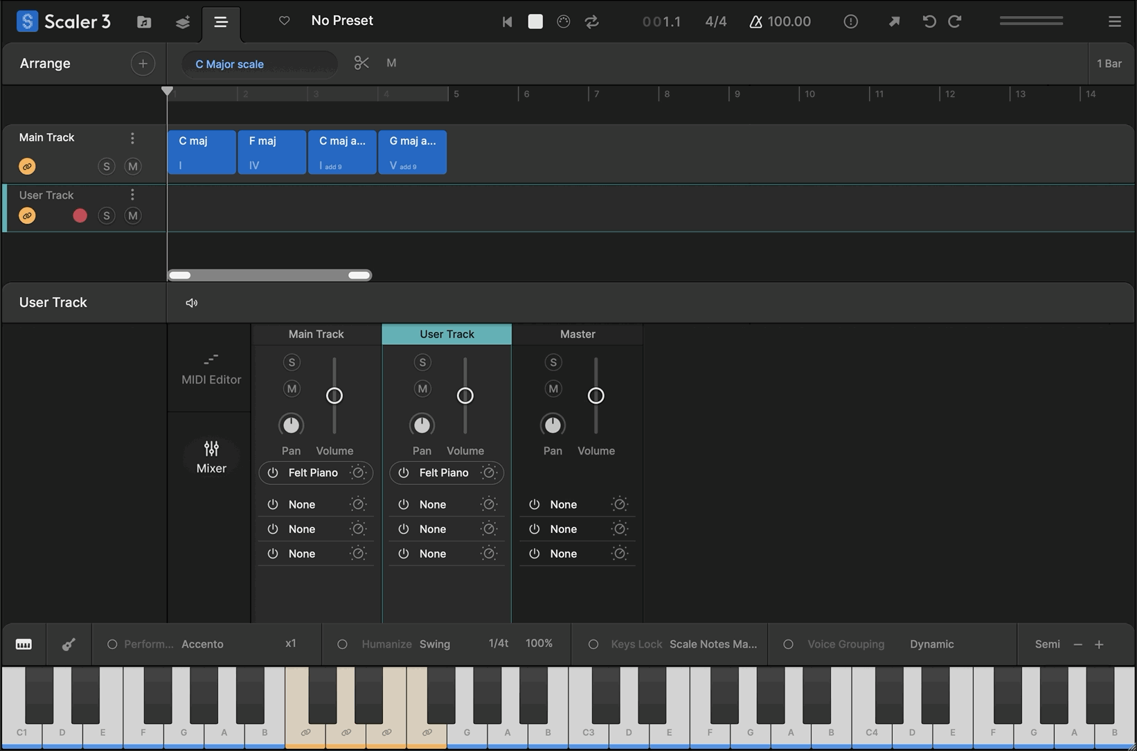Record melodies, chords, and ideas directly into Scaler 3’s piano roll. Capture chord triggers or Keys Lock performances and refine them with full MIDI editing and harmonic guides.