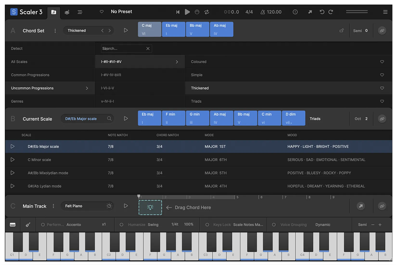 Drag and drop chords to build a progression in Scaler 3. Choose from hundreds of chord sets — categorised by artist, genre, or mood — and Scaler will show you which parent scales fit. Stuck for ideas? Ask Scaler to suggest chords that will work next.