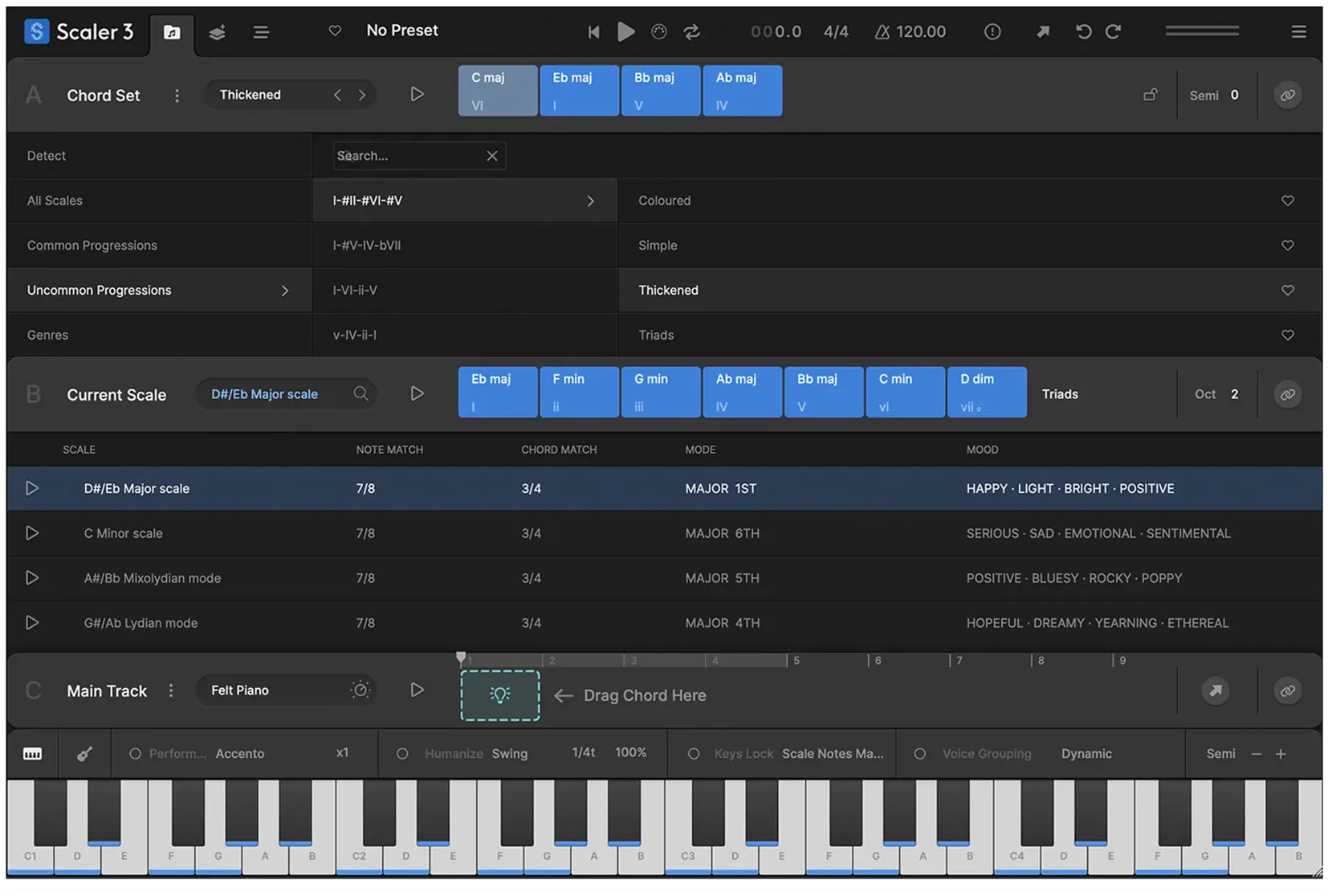 Drag and drop chords to build a progression in Scaler 3. Choose from hundreds of chord sets — categorised by artist, genre, or mood — and Scaler will show you which parent scales fit. Stuck for ideas? Ask Scaler to suggest chords that will work next.