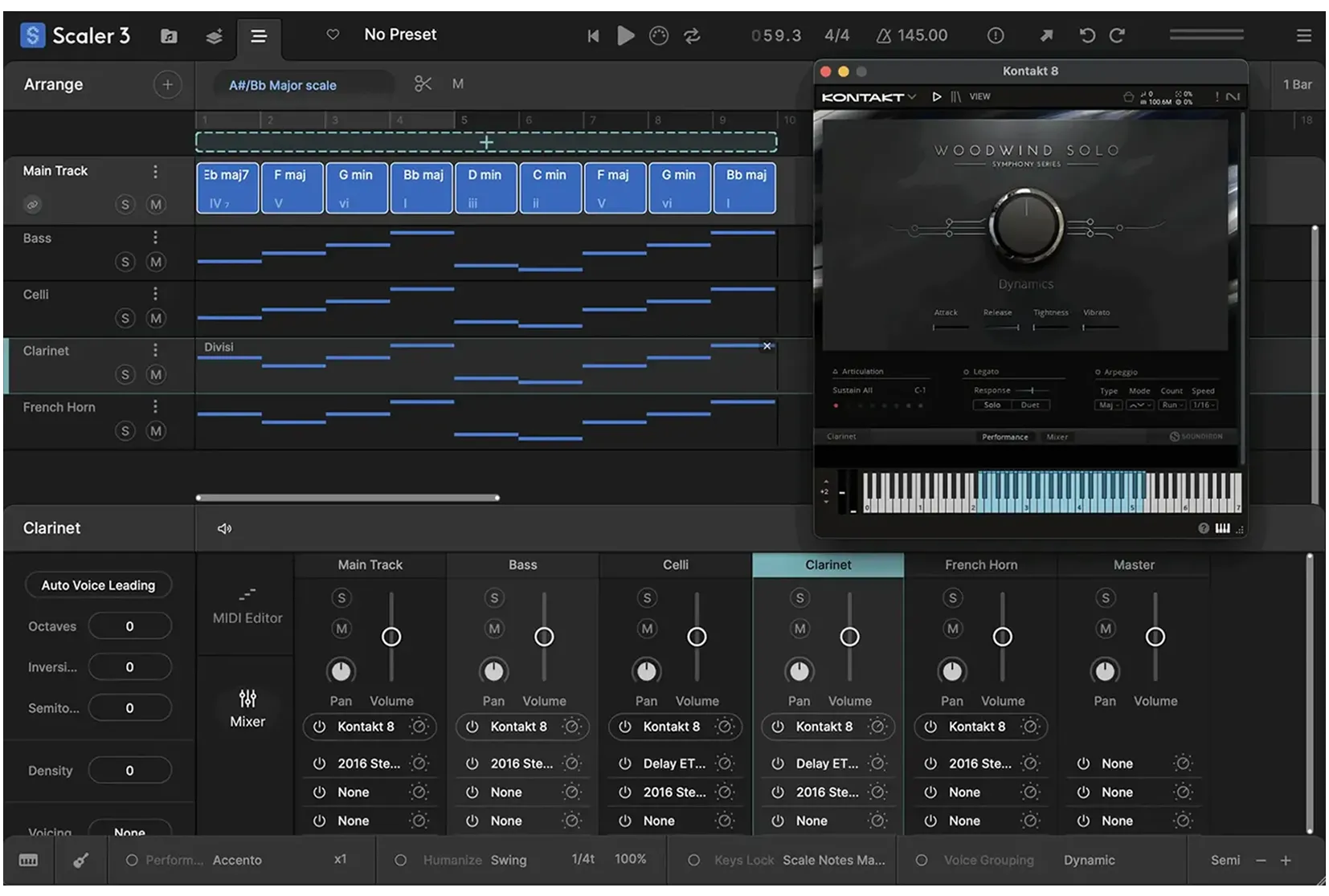 Scaler 3 lets you control how chord voices are split across instruments with full Divisi and voice allocation, sending upper and lower notes to separate Scaler instances for realistic ensemble writing and richer layering. The Bass Follow Track in Scaler 3 automatically generates basslines that follow the root of your chord track.