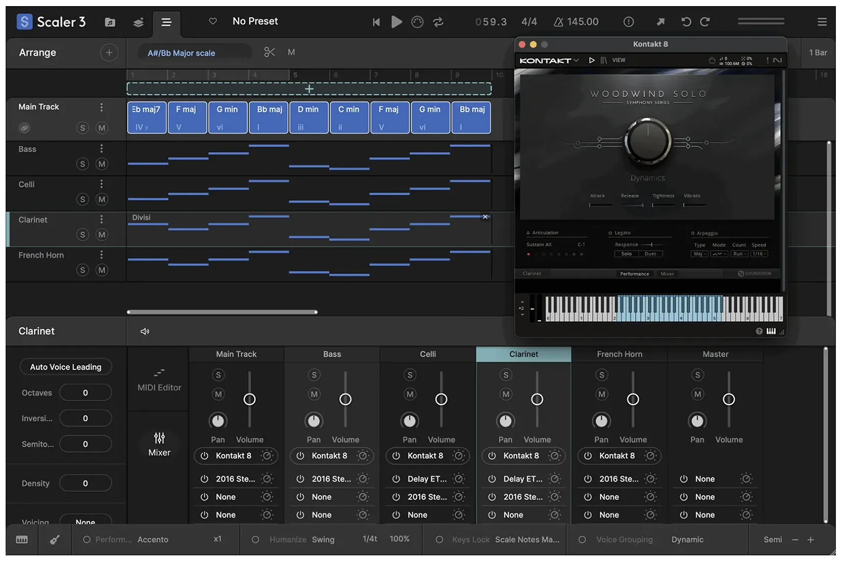 Scaler 3 lets you control how chord voices are split across instruments with full Divisi and voice allocation, sending upper and lower notes to separate Scaler instances for realistic ensemble writing and richer layering. The Bass Follow Track in Scaler 3 automatically generates basslines that follow the root of your chord track.