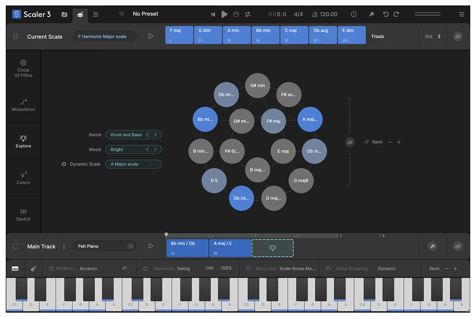 Use the Explore Page in Scaler 3 to discover a Harmonic Universe of chords untied to any specific scale. Categorized by genre and feel (EG, Dark, Bright, Neutral), the Explore page suggests compatible and experimental chord progressions, unlocking new paths for unique and bold harmonic structures.