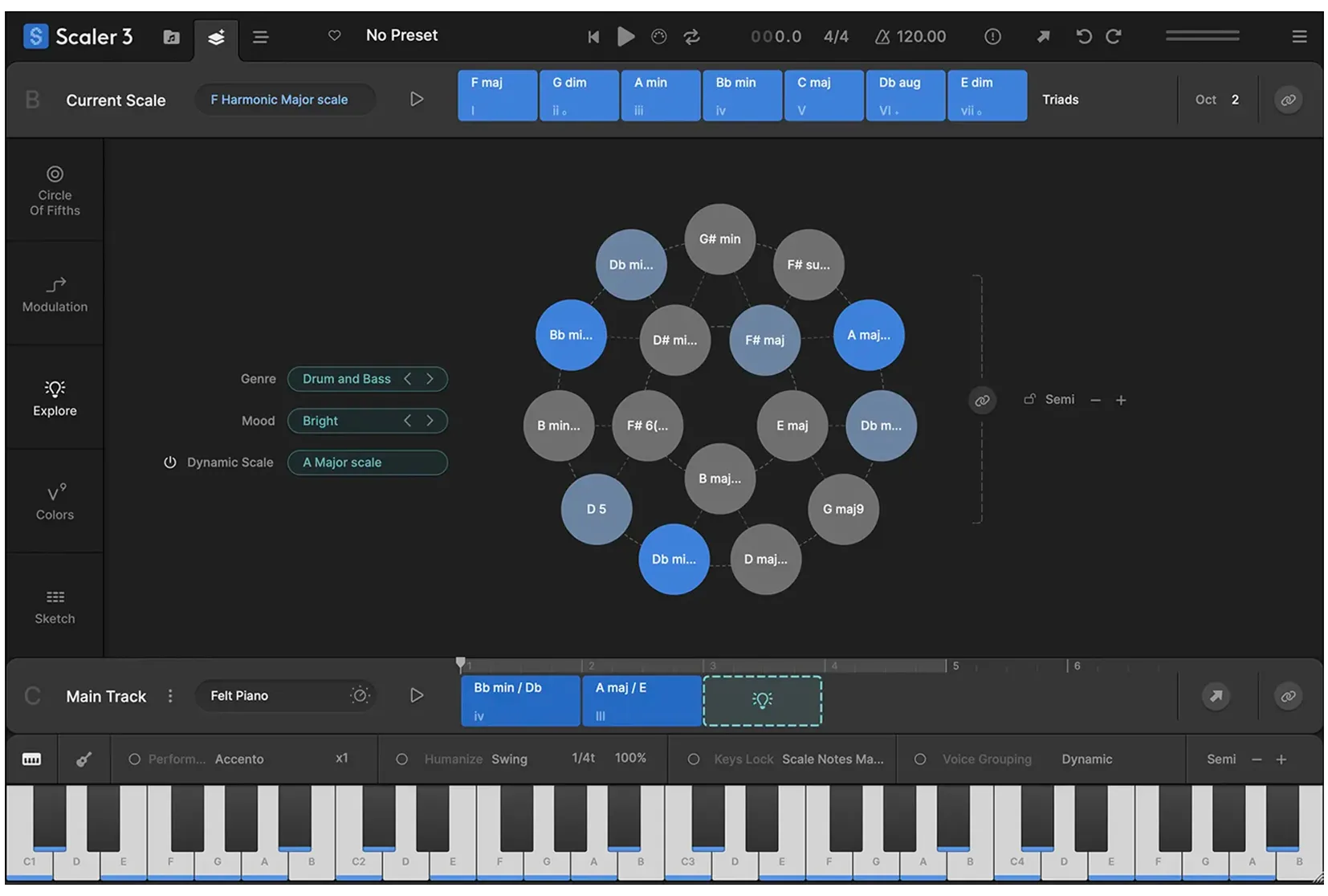 Use the Explore Page in Scaler 3 to discover a Harmonic Universe of chords untied to any specific scale. Categorized by genre and feel (EG, Dark, Bright, Neutral), the Explore page suggests compatible and experimental chord progressions, unlocking new paths for unique and bold harmonic structures.