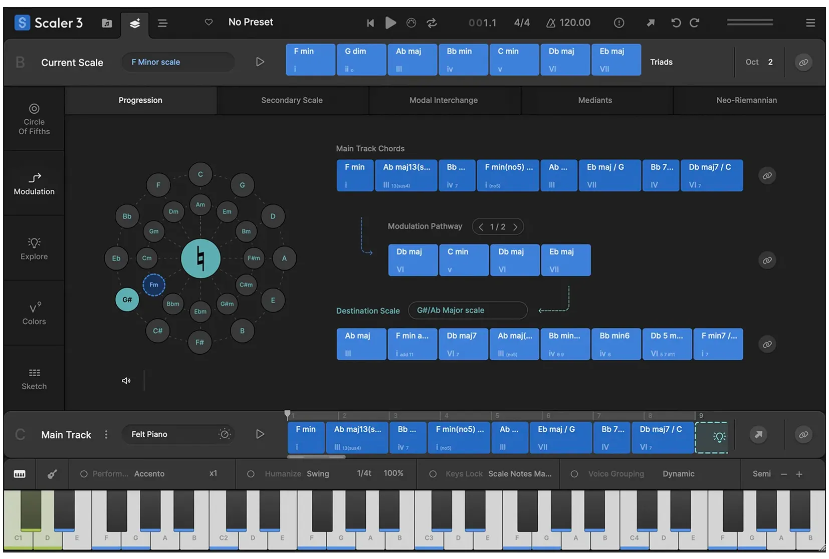 Solve your modulation puzzles with suggested pathways in Scaler 3. Choose a destination scale and Scaler 3 will offer multiple ways to reach it. You’ll also find Modal Interchange, Mediant and Neo-Riemannian modulation methods here too. Use the Circle of Fifths to explore related chord substitutions and variations that expand your harmonic options.