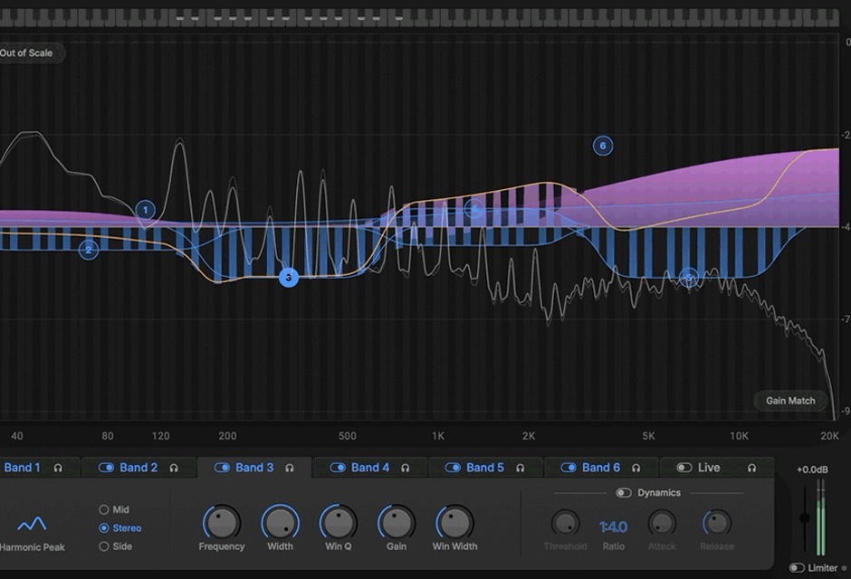 Scaler EQ Pro brings dynamic processing directly into the EQ workflow, letting individual bands respond to the signal in real time. Set the Threshold, Ratio, Attack and Release to control how each band reacts, from subtle movement to more pronounced compression or expansion.