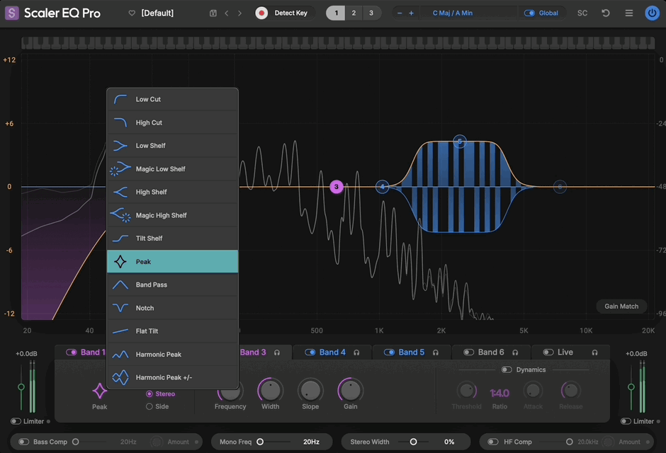 Scaler EQ Pro’s harmonic band types aren’t the only option for boosts and cuts. The traditional array of shelves, bells, tilt and high-pass/low-pass filters will be instantly familiar and simple to use for every producer, while notch filters make it easy to remove narrow resonances or problem frequencies with focused precision.