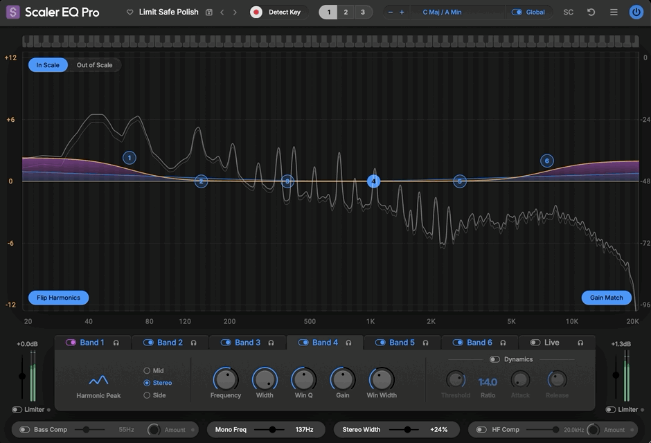 Scaler EQ Pro acts as an all-in-one toolbox on your master channel, with adjustable input and output levels, Peak and RMS meters, and two safety limiters that can be driven at the input or output stage for increased loudness.