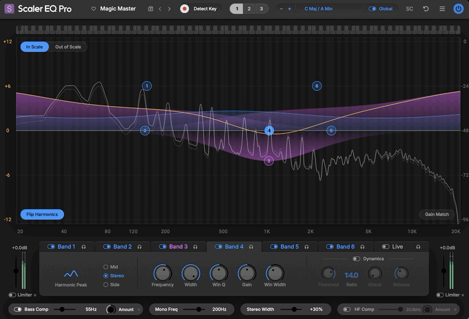 Scaler EQ Pro comes with a wide range of presets designed to get you to the right sound faster. Explore tailored starting points for Bass, Drums, Guitar, Keys, Orchestra, Synth and Voice, alongside dedicated presets for Master, Mix Bus, Sound Design and Templates.