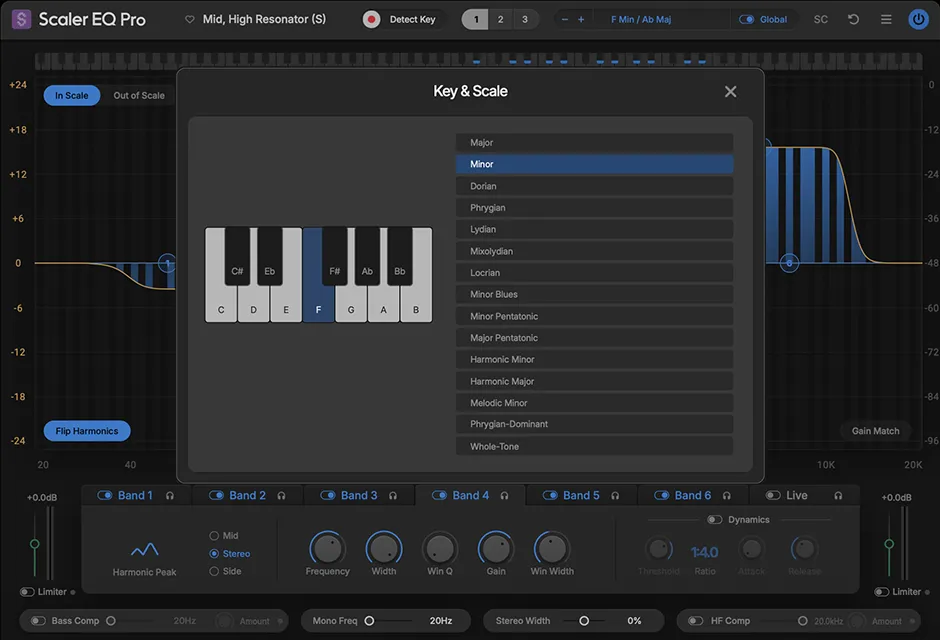 Scaler EQ Pro lets you simplify EQ processes by targeting and cleaning up frequency bands to remove audio that doesn’t belong and enhance audio naturally present with the chosen scale.