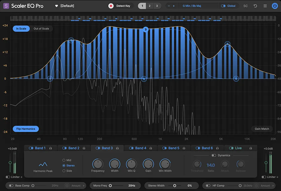 Turn almost any recorded sound into a playable musical instrument with Scaler EQ Pro. Boost in-key resonant frequencies to transform textures into musical pads, make drum parts sing, or use MIDI notes and chords to bring specific harmonics to life.
